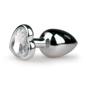 Анальна пробка Easytoys з білим кристалом у формі серця, срібна, 7.4 х 2.6 см