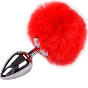 Металева анальна пробка Кролячий хвостик Alive Fluffy Plug M Red, діаметр 3,4 см, колір: сріблястий / червоний