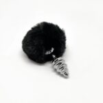 Металева анальна пробка Кролячий хвостик Alive Fluffy Twist Plug S Black, діаметр 2,9 см, колір: сріблястий / чорний