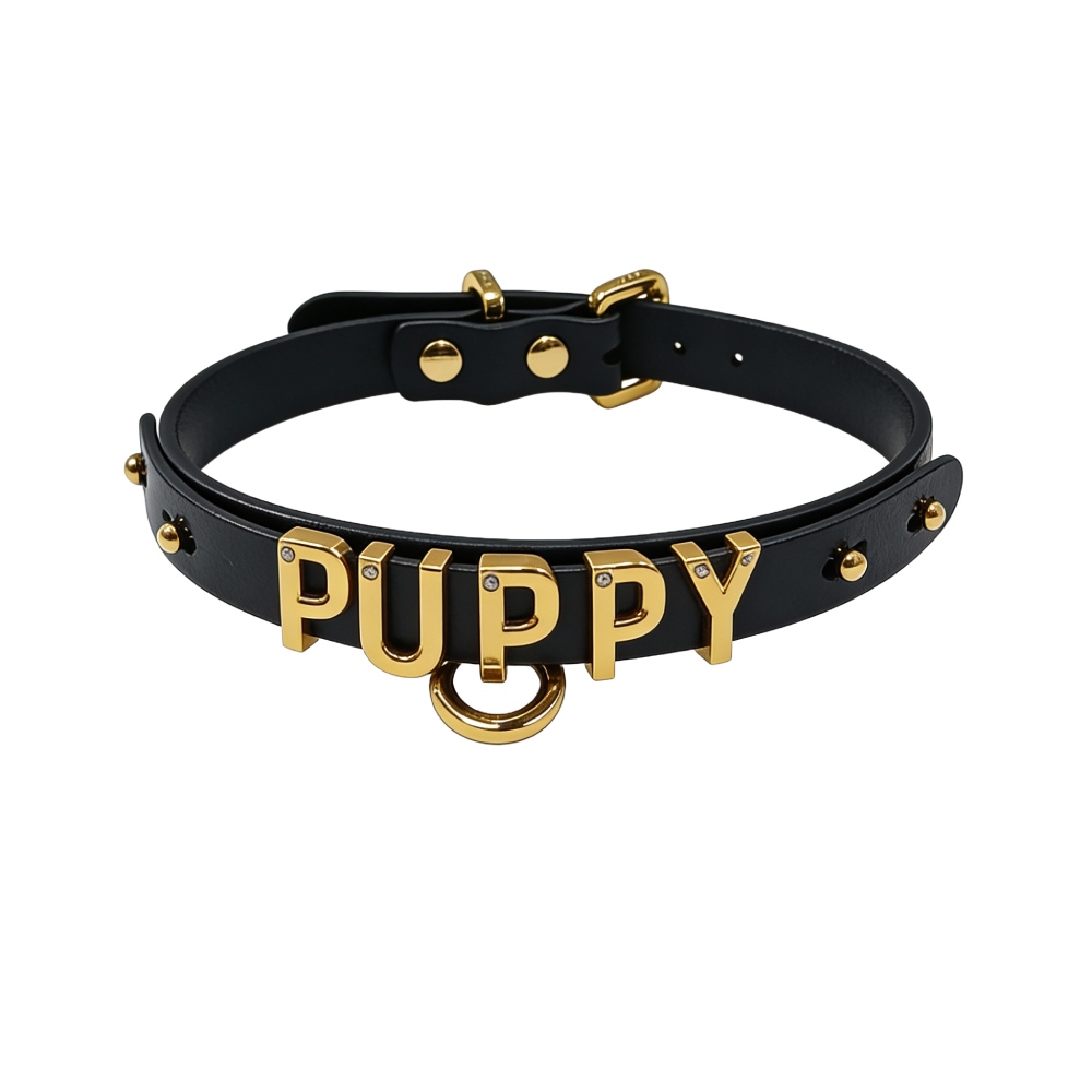 Чокер з написом PUPPY від UPKO з італійської шкіри, чорний із золотою фурнітурою Чокер з написом PUPPY від UPKO з італійської шкіри, чорний із золотою фурнітурою