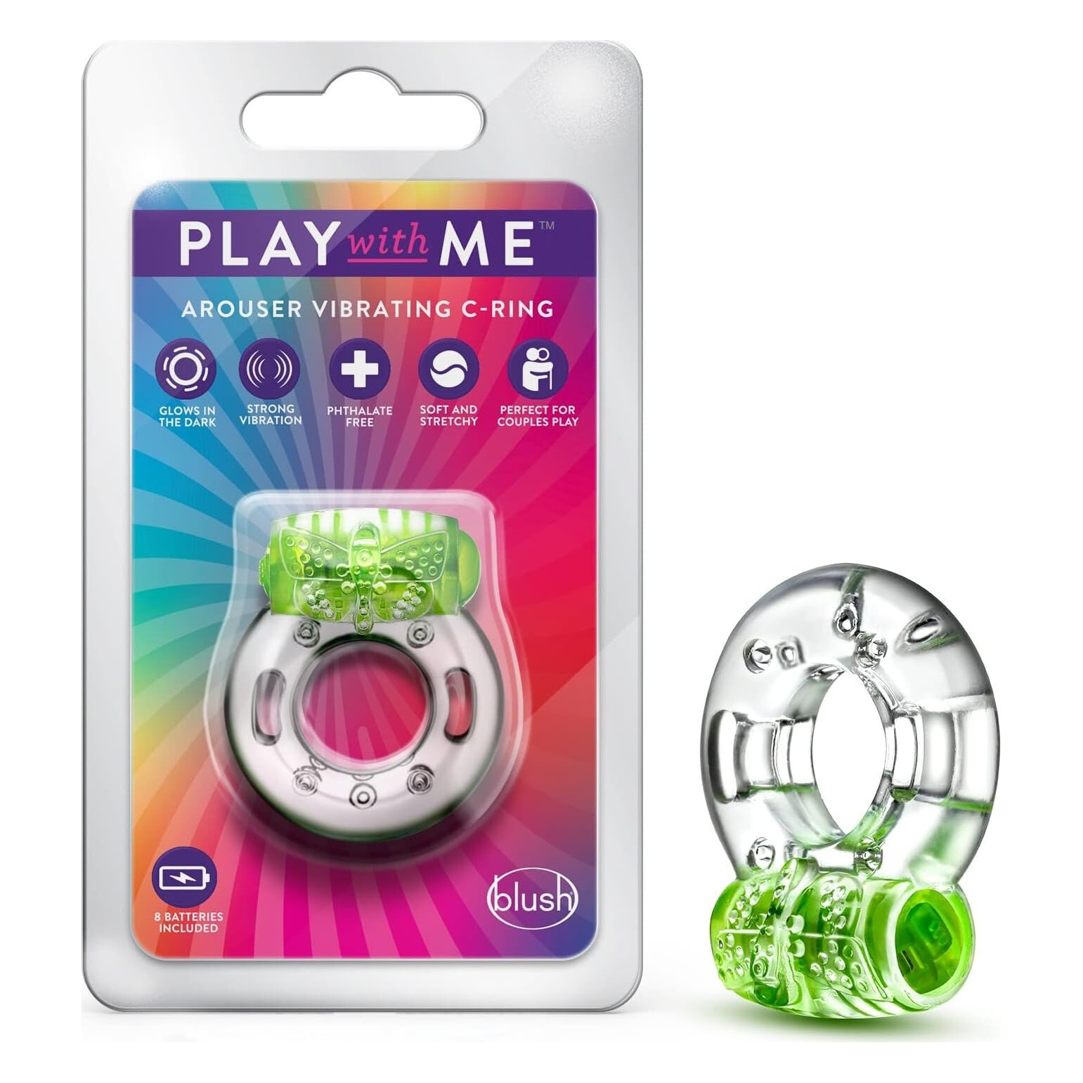 Ерекційне віброкільце Blush Play With Me з рельєфним метеликом для клітора, прозоро-зелене Ерекційне віброкільце Blush Play With Me з рельєфним метеликом для клітора, прозоро-зелене