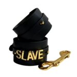 Наручники з написом Slave від UPKO з італійської шкіри, чорні із золотою фурнітурою