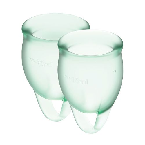 Набір менструальних чаш Satisfyer Feel Confident (light green), 15мл і 20мл, мішечок для зберігання Набір менструальних чаш Satisfyer Feel Confident (light green), 15мл і 20мл, мішечок для зберігання