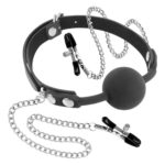 Кляп з силіконовою кулькою і затискачами для сосків Fetish Tentation Gag Ball with Nipple Clamps