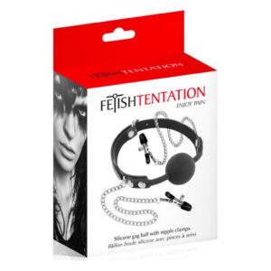 Кляп з силіконовою кулькою і затискачами для сосків Fetish Tentation Gag Ball with Nipple Clamps