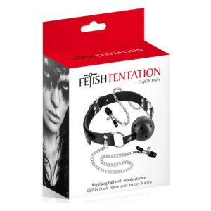 Повітропроникний кляп із затискачами для сосків Fetish Tentation Rigid Gag Ball with Nipple Clamps