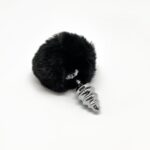 Металева анальна пробка Кролячий хвостик Alive Fluffy Twist Plug S Black, діаметр 2,9 см, колір: сріблястий / чорний
