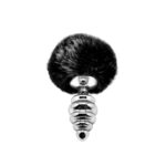 Металева анальна пробка Кролячий хвостик Alive Fluffy Twist Plug M Black, діаметр 3,4 см, колір: сріблястий / чорний