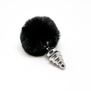Металева анальна пробка Кролячий хвостик Alive Fluffy Twist Plug M Black, діаметр 3,4 см, колір: сріблястий / чорний