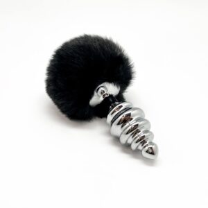 Металева анальна пробка Кролячий хвостик Alive Fluffy Twist Plug L Black, діаметр 3,8 см, колір: сріблястий / чорний
