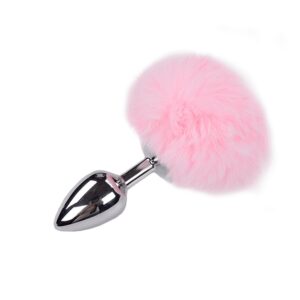 Металева анальна пробка Кролячий хвостик Alive Fluffy Plug M Pink, діаметр 3,4 см, колір: сірий / рожевий