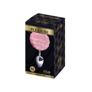 Металева анальна пробка Кролячий хвостик Alive Fluffy Plug M Pink, діаметр 3,4 см, колір: сірий / рожевий