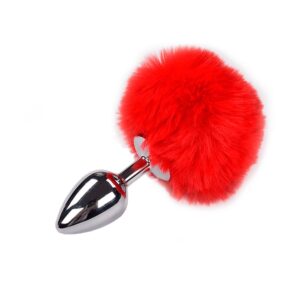 Металева анальна пробка Кролячий хвостик Alive Fluffy Plug M Red, діаметр 3,4 см, колір: сріблястий / червоний