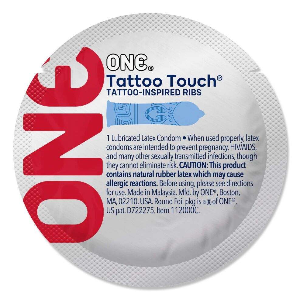 Презерватив ONE Tattoo Touch Blue, 1 шт, блакитний, з рельєфом у вигляді татуювання Презерватив ONE Tattoo Touch Blue, 1 шт, блакитний, з рельєфом у вигляді татуювання