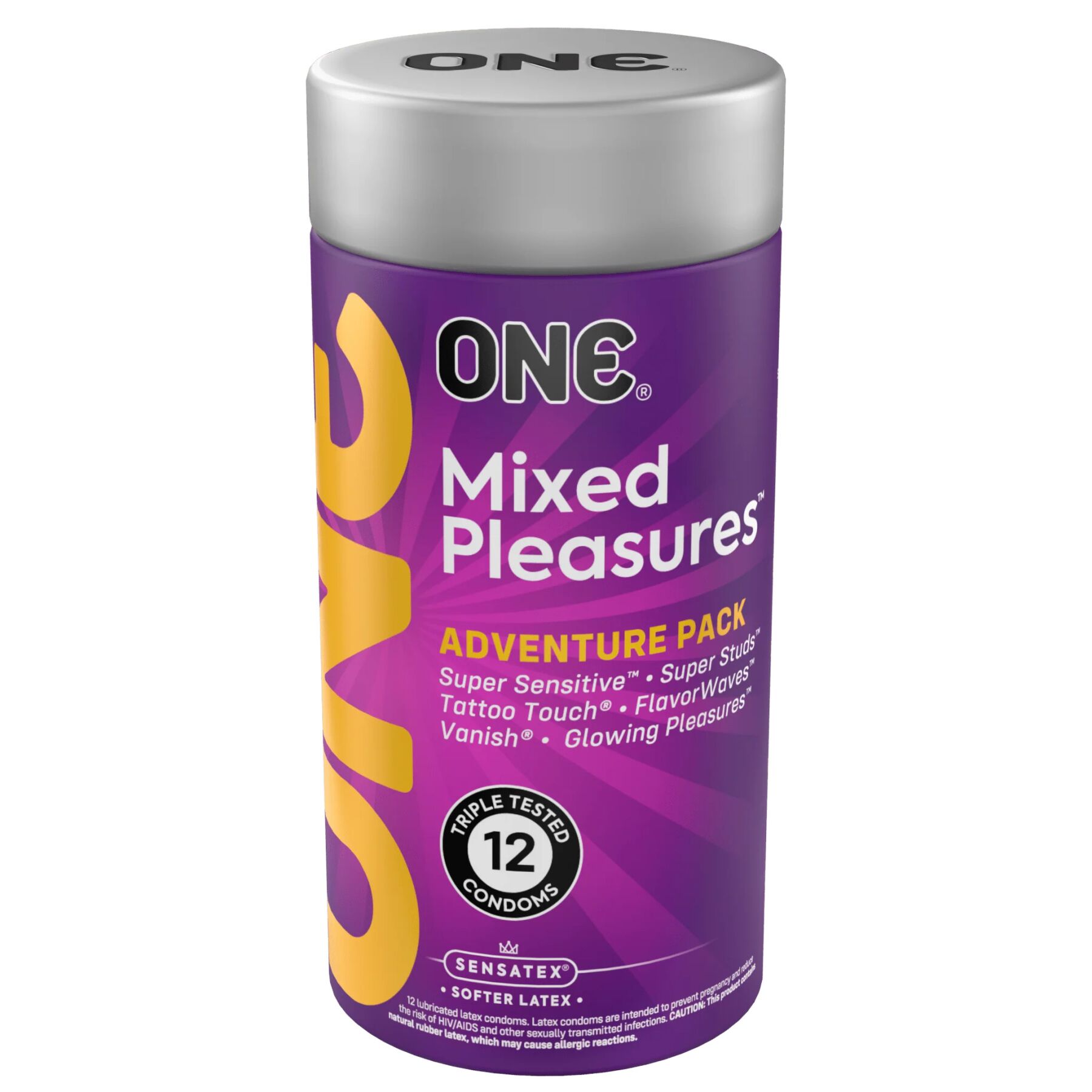 Презервативи ONE Mixed Pleasures, 12 шт, 6 видів, подарункове паковання-тубус Презервативи ONE Mixed Pleasures, 12 шт, 6 видів, подарункове паковання-тубус