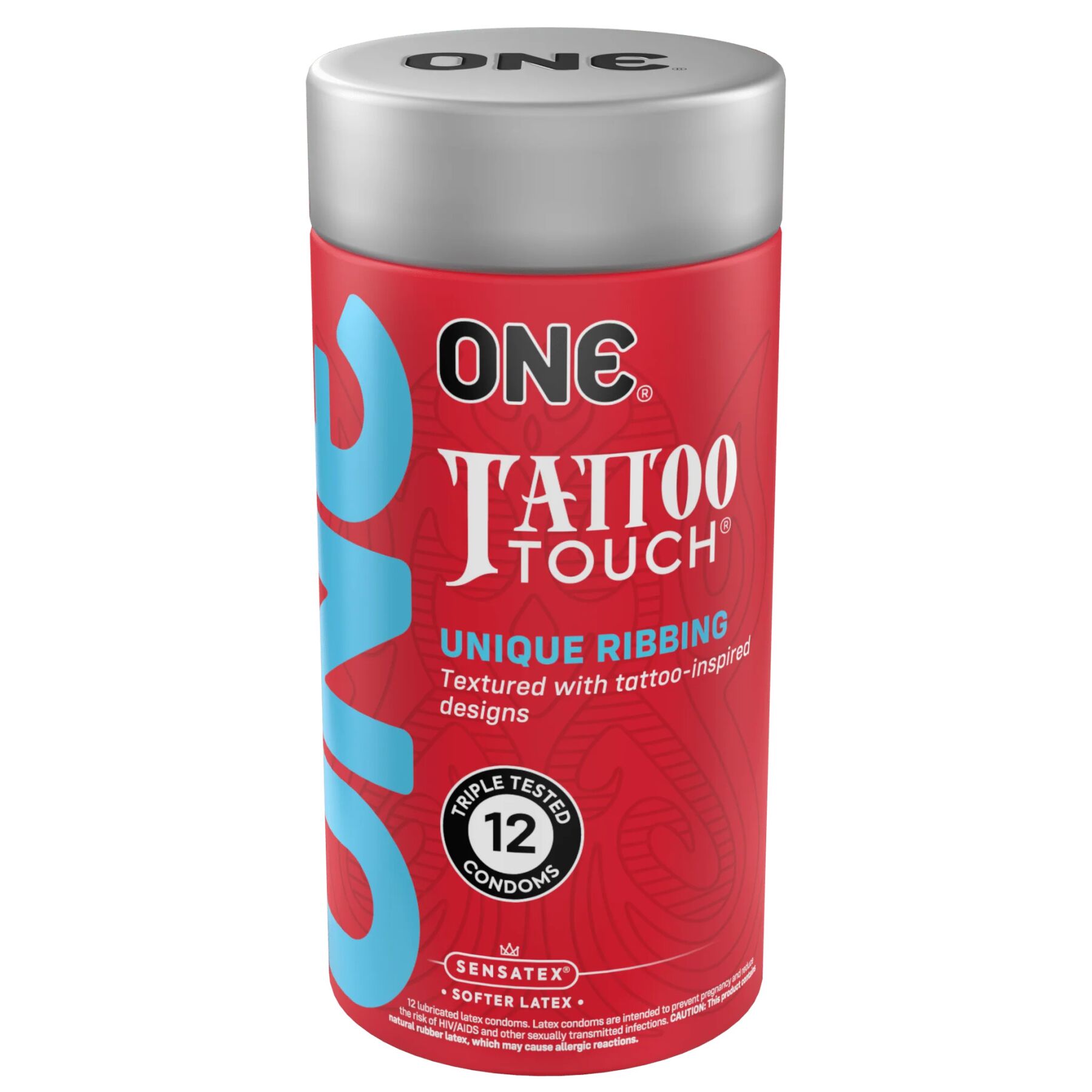Презервативи ONE Tattoo Touch, 12 шт, рельєф у вигляді тату, 3 різновиди, подарункове паковання-тубус Презервативи ONE Tattoo Touch, 12 шт, рельєф у вигляді тату, 3 різновиди, подарункове паковання-тубус