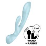 Двосторонній вібратор-кролик Satisfyer Triple Oh Light Blue, 3 мотори, руків’я-масажер